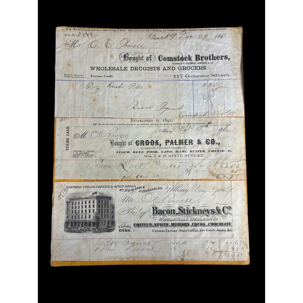 Antique Scrap pages 1860s, NY billheads plus WWII,Powell family ephemera